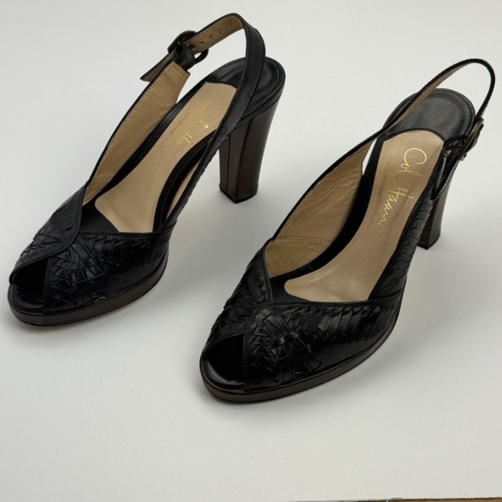Cole Haan Collection Black Leather Heels‎ Women's 6.5B Woven Peep Toe Slingback